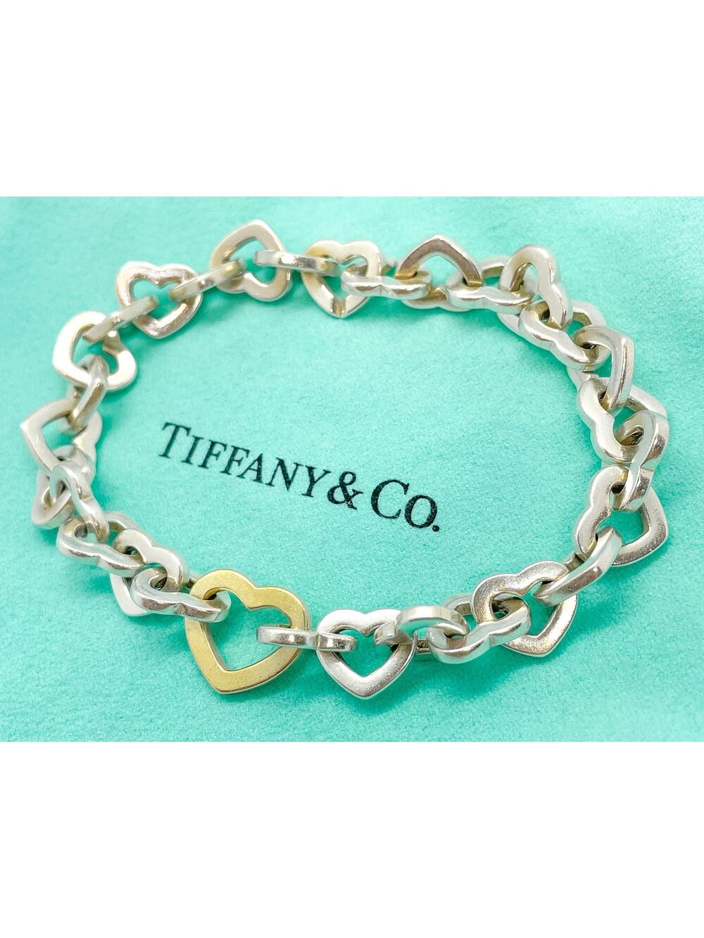 Tiffany & Co Sterling Silver & 18K Gold Heart Link Bracelet Vintage 8"